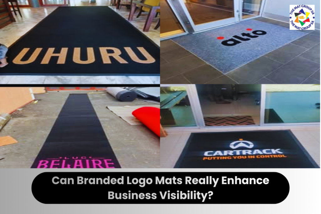 Collage of four branded entrance mats placed in commercial spaces, each displaying company logos. A caption below reads, &ldquo;Can Branded Logo Mats Really Enhance Business Visibility?&rdquo; showing examples of custom logo floor mats used for branding at entrances.