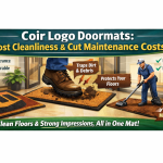 Coir logo doormat trapping dirt at entrance, improving cleanliness and reducing maintenance costs.