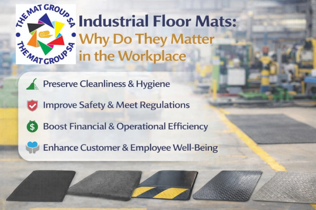 Industrial floor mats displayed in a factory setting, highlighting workplace benefits such as improved safety, hygiene, regulatory compliance, operational efficiency and employee wellbeing, with examples of anti-fatigue, rubber and heavy-duty industrial matting solutions.