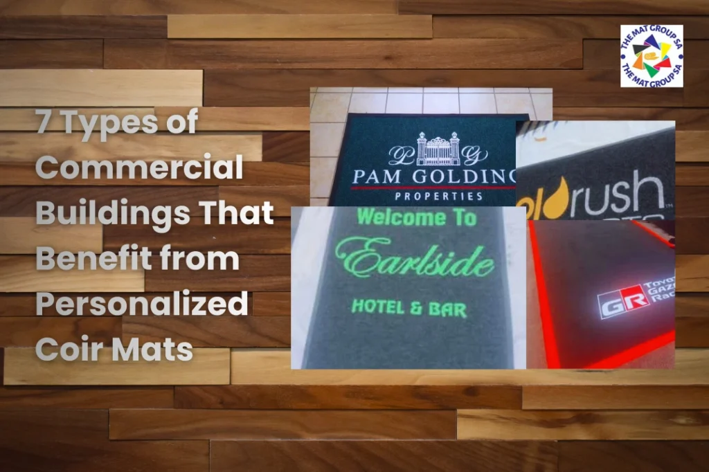 Alt text: Composite image featuring personalized coir mats with business logos, set on a wooden background.