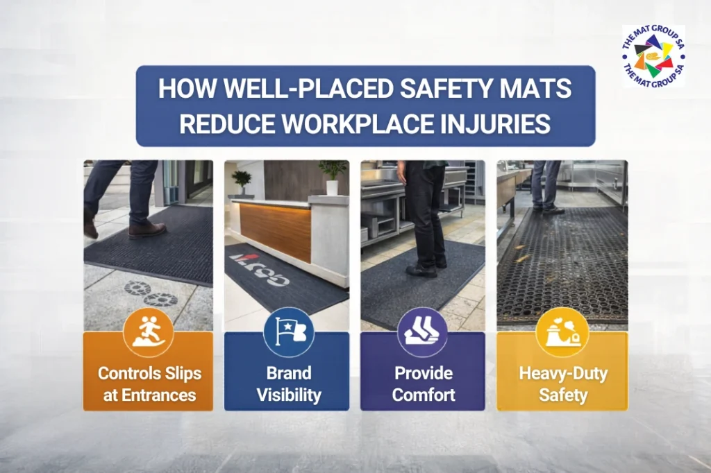 Image showing four examples of safety mats: entrance slips control, brand visibility, comfort provision, and heavy-duty safety. Title emphasizes injury reduction.