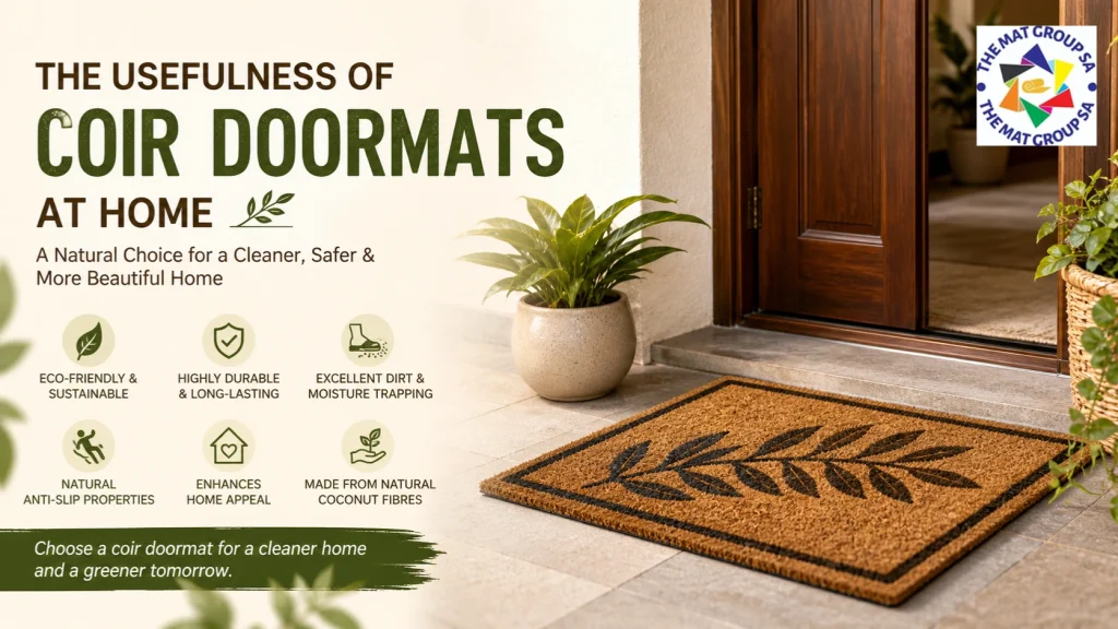 Coir doormat with a leaf pattern at a home entrance. Text highlights benefits: eco-friendly, durable, anti-slip, enhances home appeal.